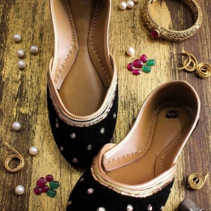Black Velvet Khussa with Golden Work - 2135