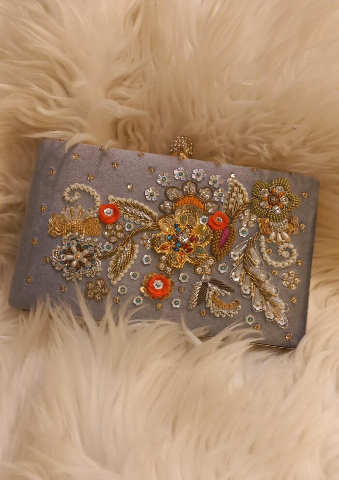 Grey Clutch Beautiful Flower Hand Work Embroidery