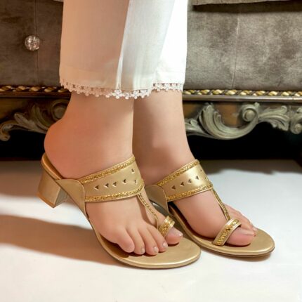 Golden Kolapuri With Block Heel