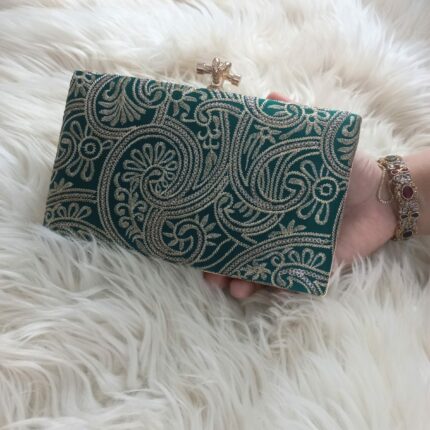 Green Clutch With Silver Work