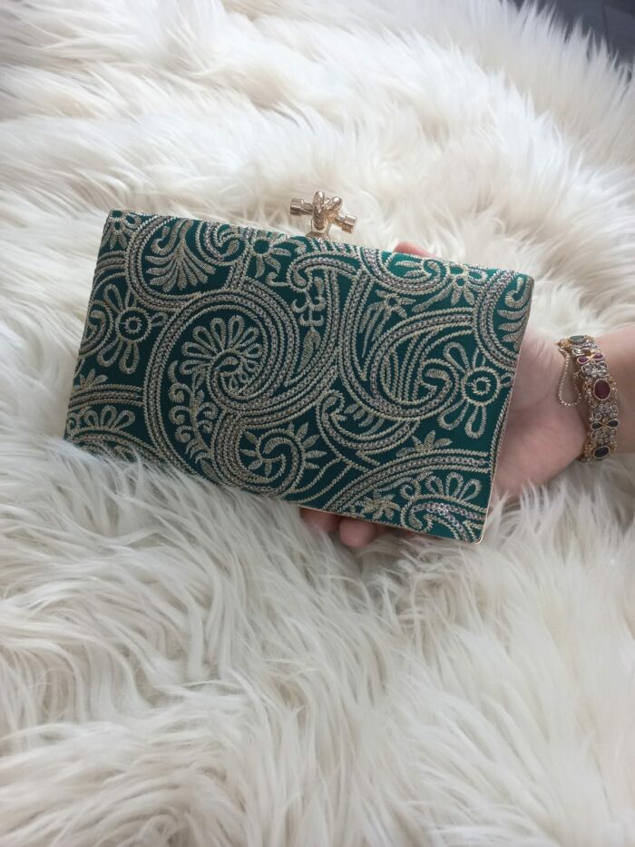 Green Clutch With Silver Work