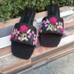 Flowers Embroidery In Black Jute