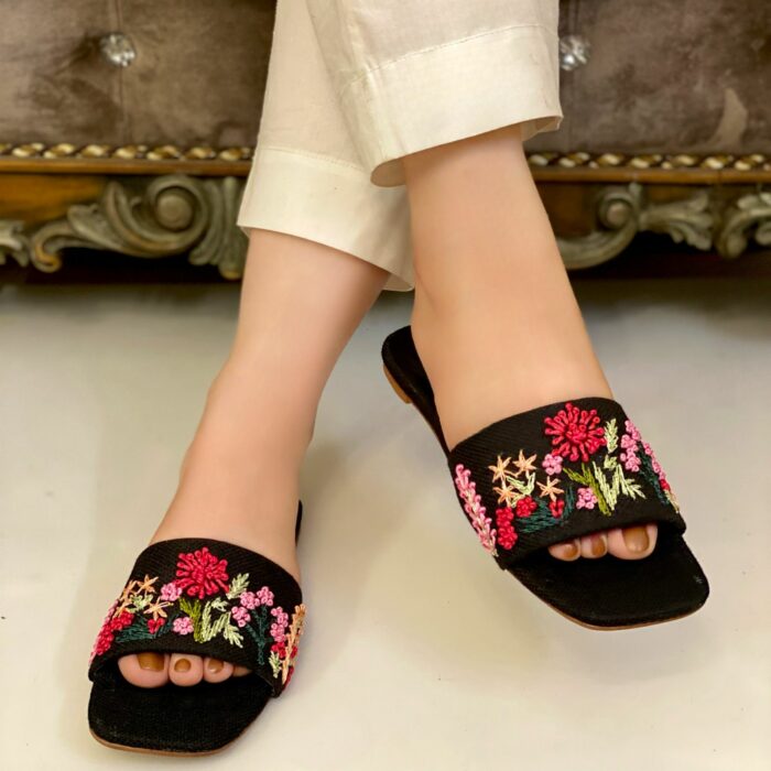 Black hand embroidered jute flats