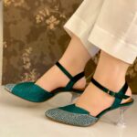 silver and green heels for her