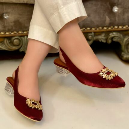 Maroon pumps with glass heels