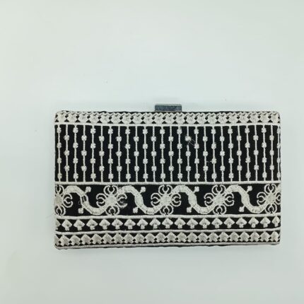 Thread Work Embroidery Clutch In Black