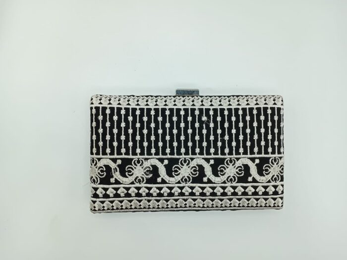 Thread Work Embroidery Clutch In Black