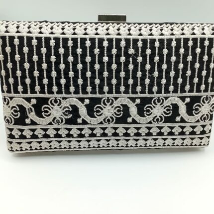 Thread Work Embroidery Clutch In Black