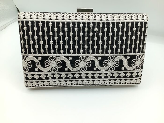 Thread Work Embroidery Clutch In Black