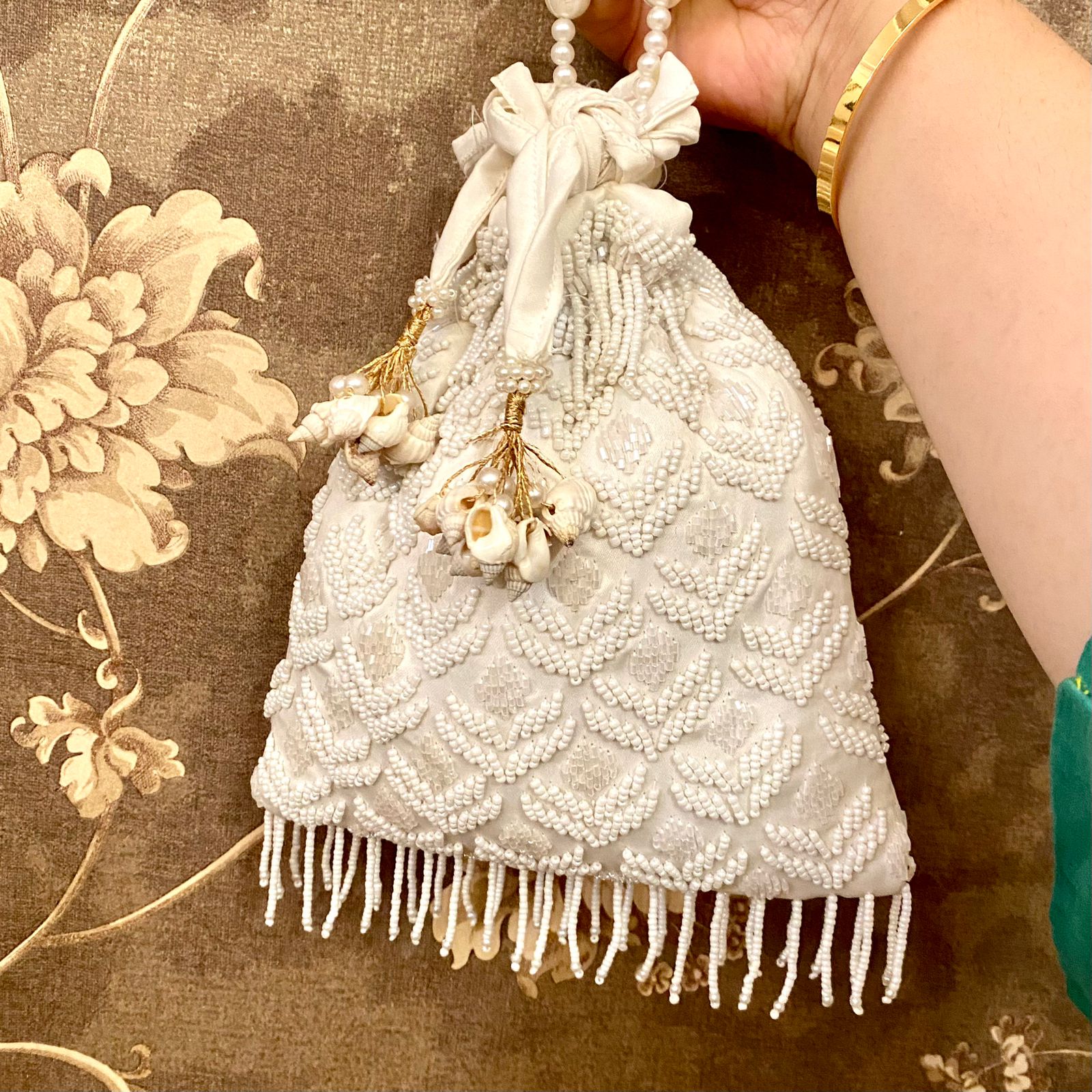 White Potli With White Pearls For Her White Potli With White Pearls For Her