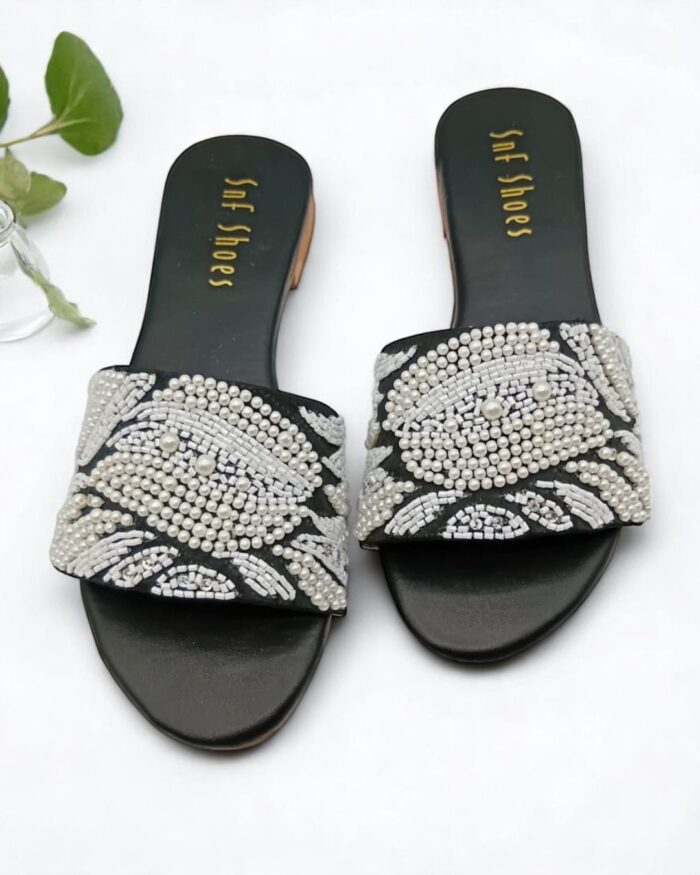 black flat in pearls