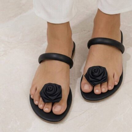 Black Flower Flats For Her