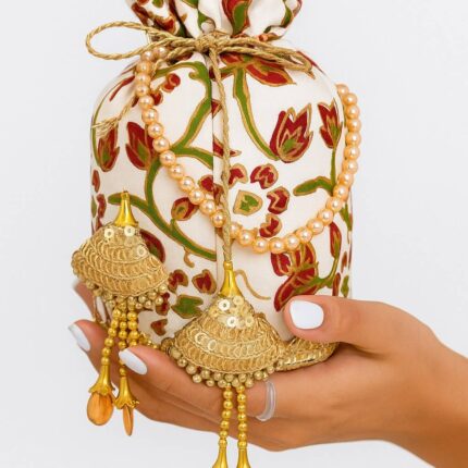 White digital Printing Potli Bag with Golden Beaded Tassels for her
