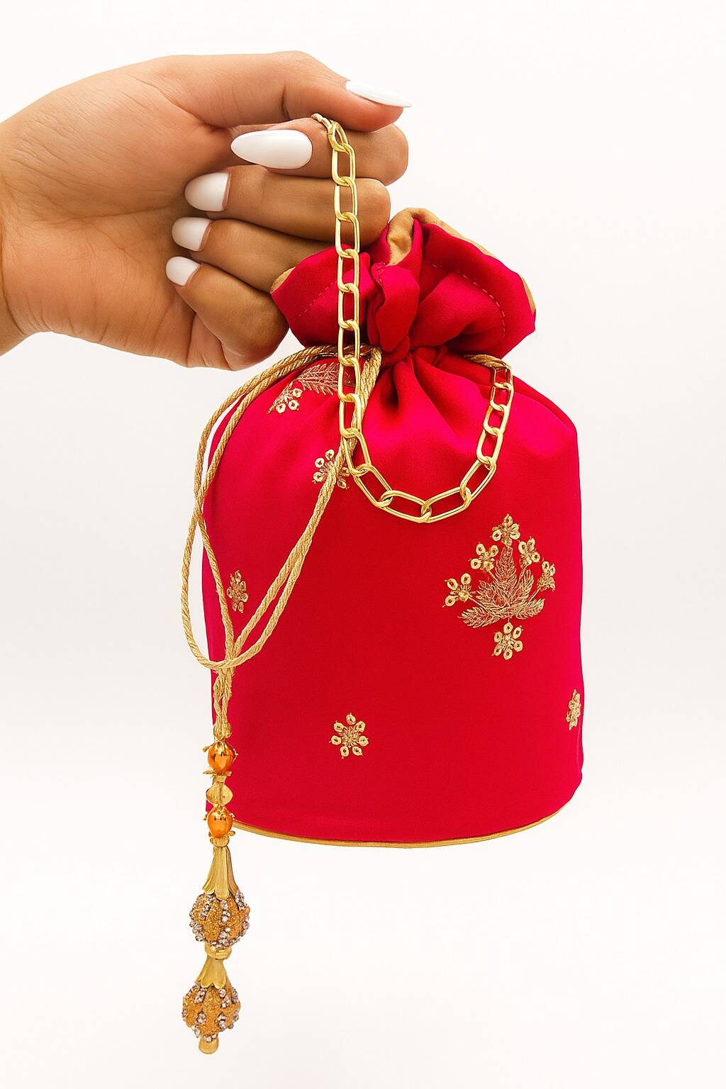 Shocking Pink Potli With Golden Bunch For Her Shocking Pink Potli With Golden Bunch For Her