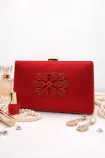 Maroon Crystal Flower Clutch For Her