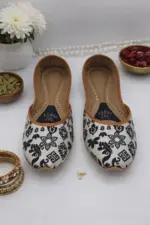 White Khussa With Black Flower Printed Khussa For Her