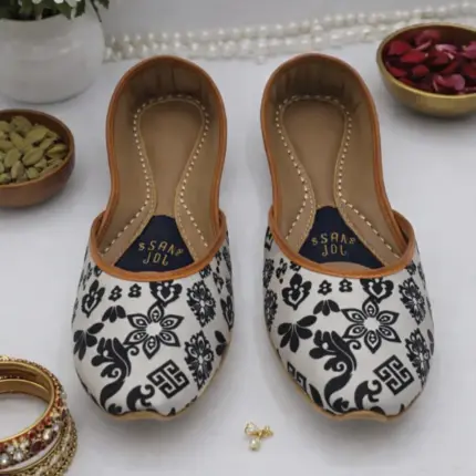 White Khussa With Black Flower Printed Khussa For Her