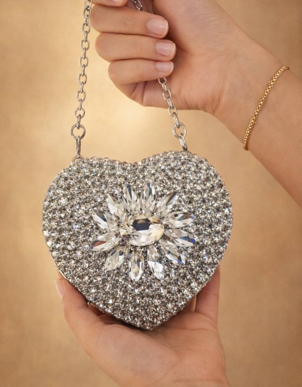 The Crystal Bloom Heart Clutch In Silver The Crystal Bloom Heart Clutch In Silver