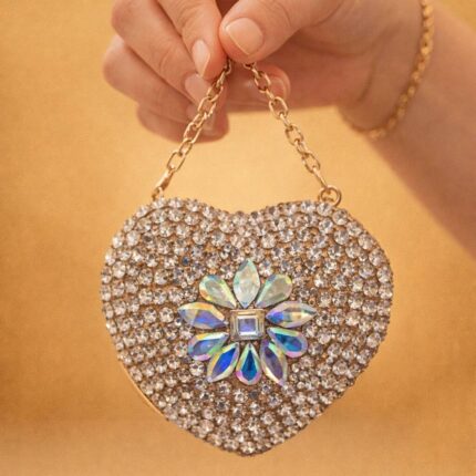 The Crystal Bloom Multi Heart Clutch In Golden