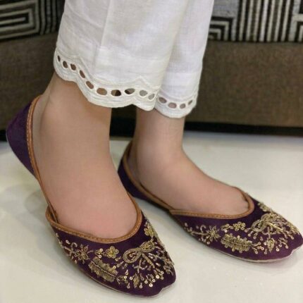 Purple Suede Khussa With Golden Embroidery
