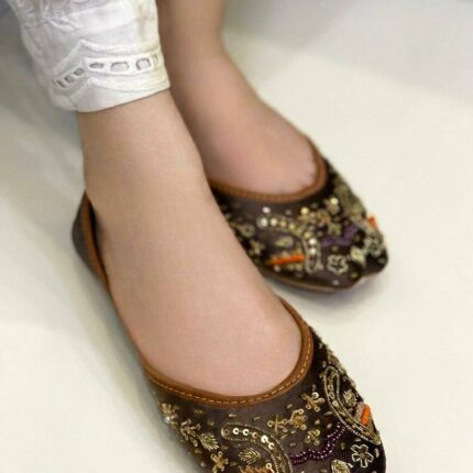 Purple Suede Khussa With Golden Embroidery