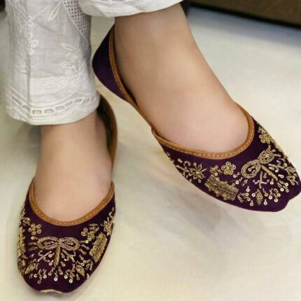 Purple Suede Khussa With Golden Embroidery