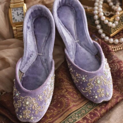 Lilac Suede Khussa With Golden Embroidery