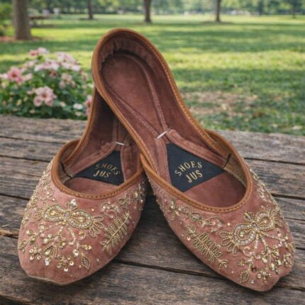 Pink Suede Khussa With Golden Embroidery