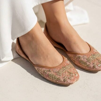 Pink Suede Khussa With Golden Embroidery-