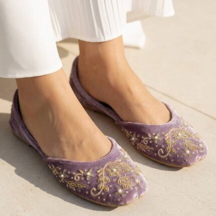 Lilac Suede Khussa With Golden Embroidery-2523