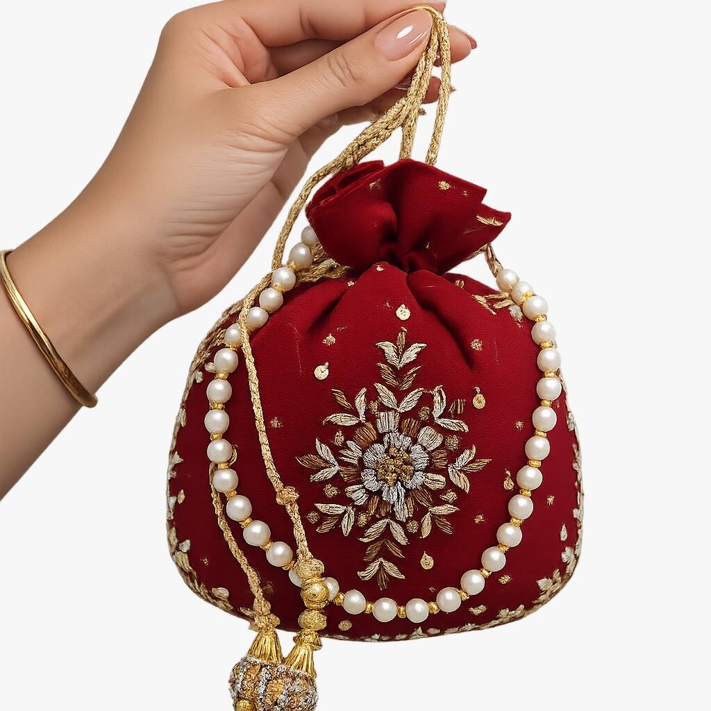 Maroon Potli With Flower Embroidery For Her Maroon Potli With Flower Embroidery For Her