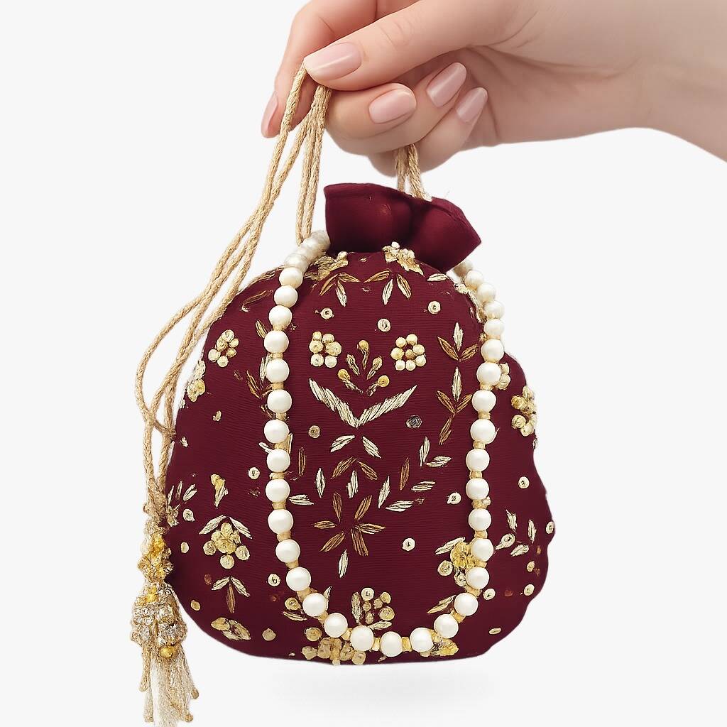 Maroon Potli With Leaf Thread Work Embroidery Maroon Potli With Leaf Thread Work Embroidery