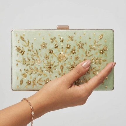 Light Green Clutch With Gold Embroidery For Her-Cl-216