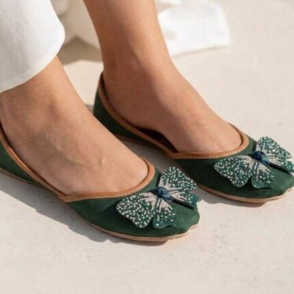 Green Khussa With Black Bow For Her-2504