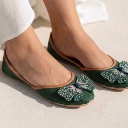 Green Khussa With Black Bow For Her-2504