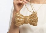 Bow Clutch In Glitter Beads In Golden-cl-220