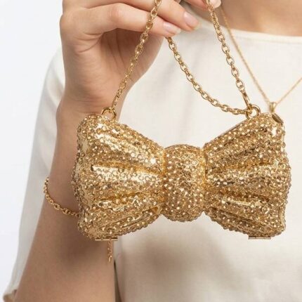 Bow Clutch In Glitter Beads In Golden-cl-220