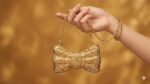 Bow Clutch In Glitter Beads In Golden-cl-220