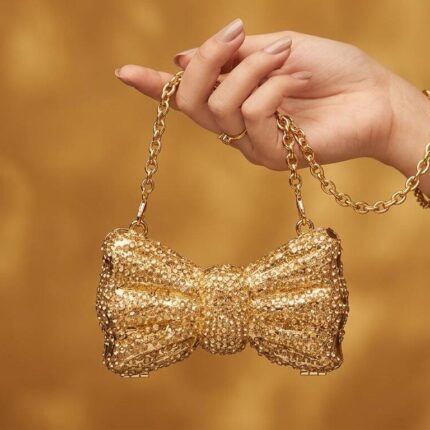 Bow Clutch In Glitter Beads In Golden-cl-220