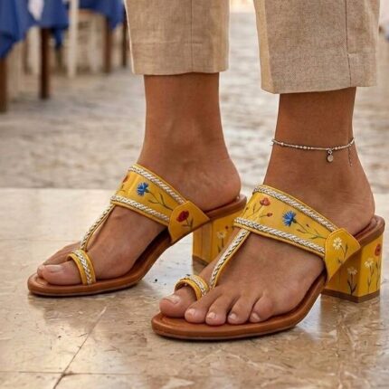 Flower Hand Painted Kolhapuri In Yellow-7294