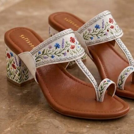 Flower Hand Painted Block Heel Kolhapuri In White