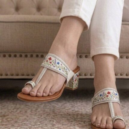 Flower Hand Painted Block Heel Kolhapuri In White
