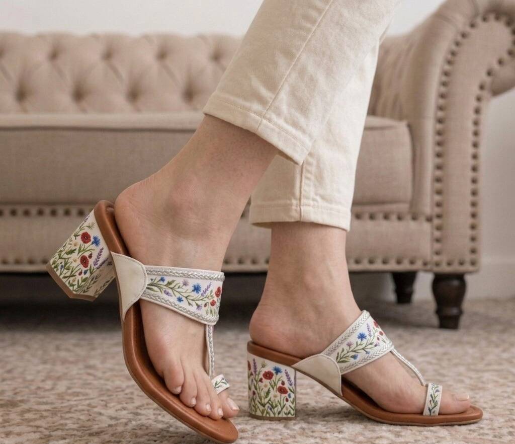 Flower Hand Painted Block Heel Kolhapuri In White