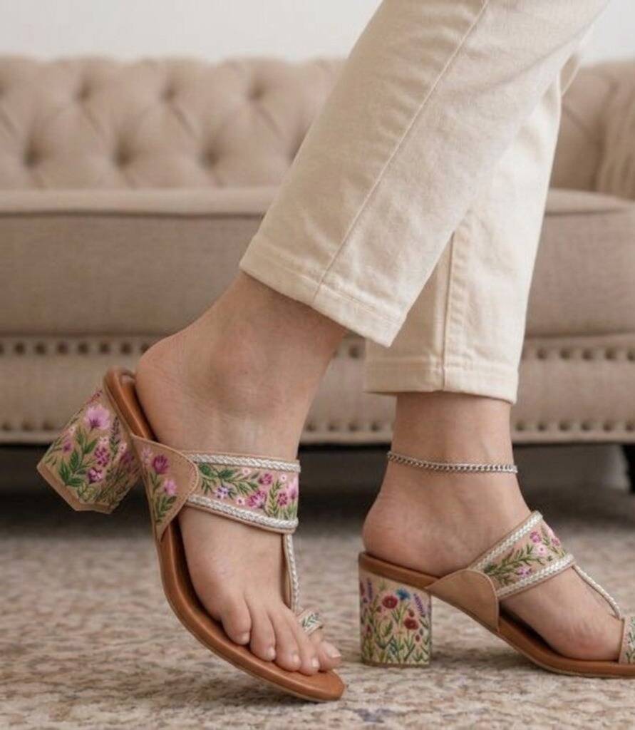 Flower Hand Painted Block Heel Kolhapuri In Nude Pink