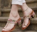 Flower Hand Painted Block Heel Kolhapuri In Nude Pink