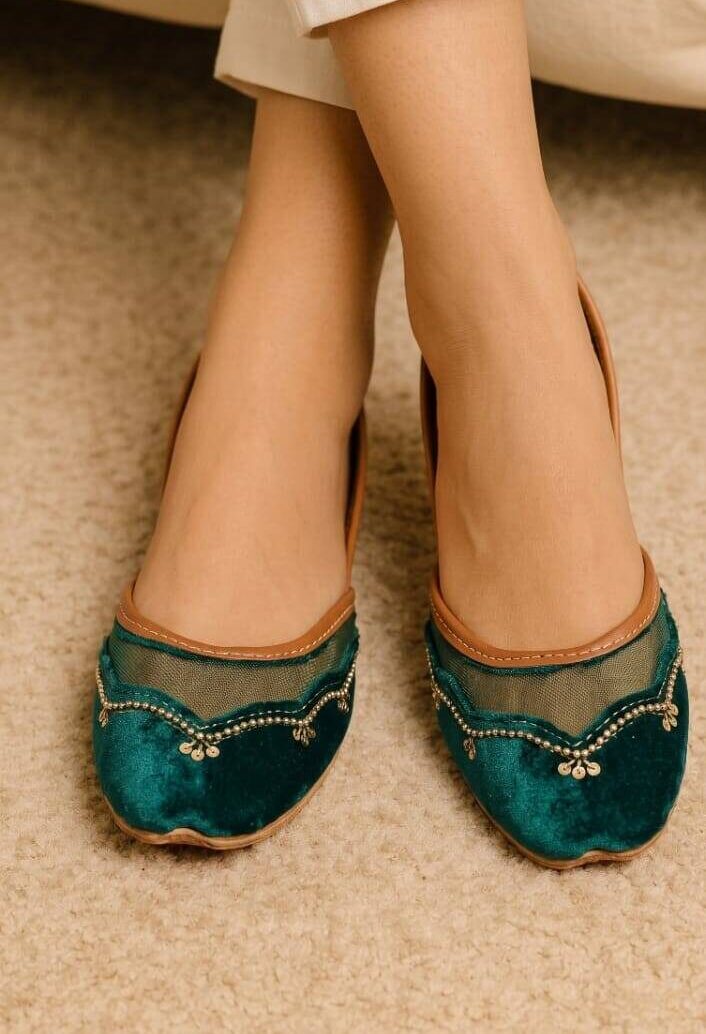 Green Velvet Net Khussa For Her Starlight Golden Embellished Khussa AM-01