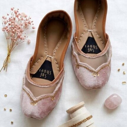 Light Pink Velvet Net Khussa For Her