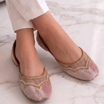 Light Pink Velvet Net Khussa For Her