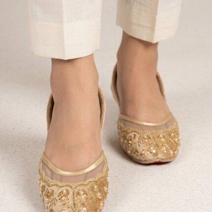 Champagne Gold Embroidered Net Jutti