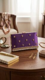 Purple Clutch With white pearls Golden Embroidery-Cl-228